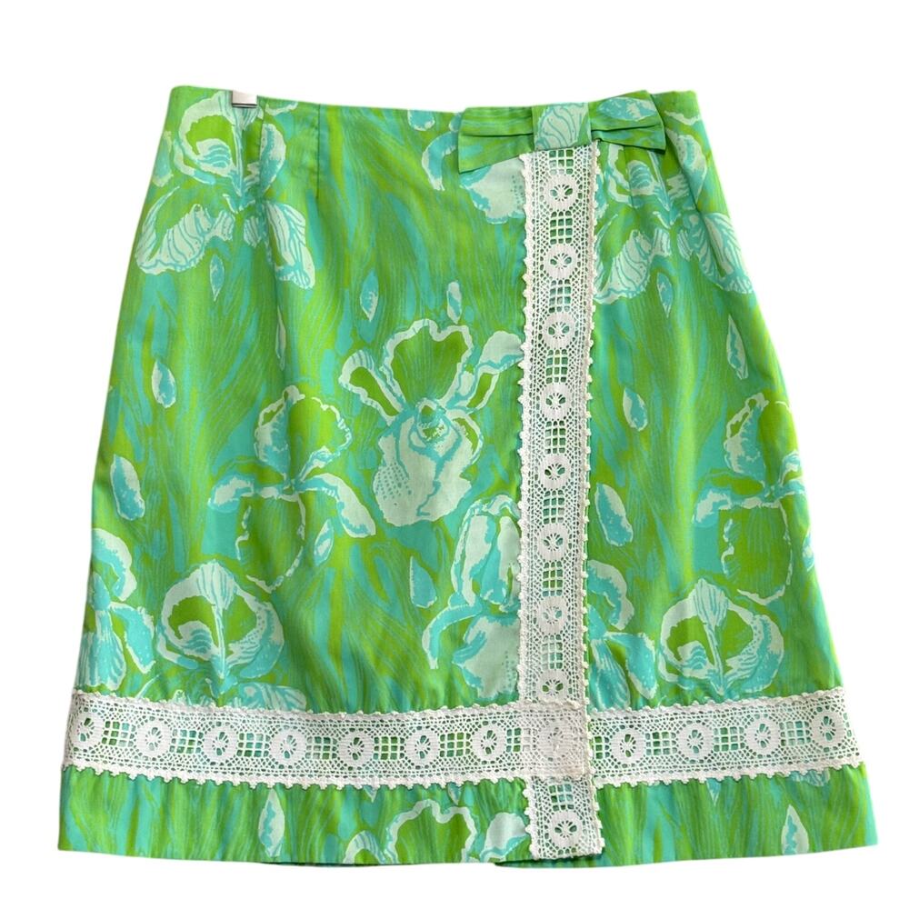 Vintage Lilly Pulitzer Womens‎ 70s The Lilly Green Floral Lace Trim Skirt Size 8